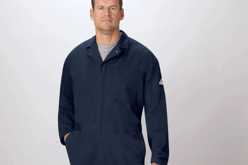 Man wearing Prudential Overall Supply's 100% FR Cotton Contractor Coverall