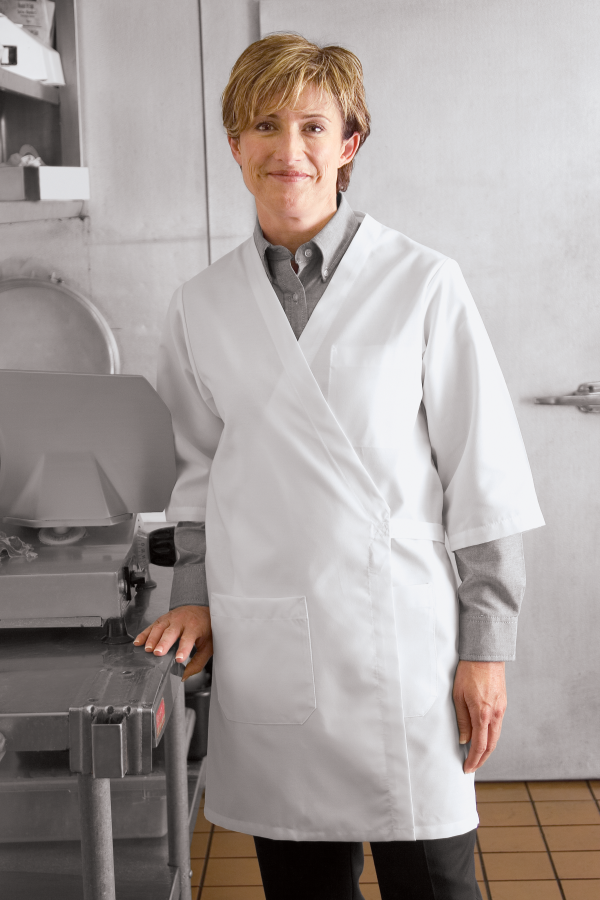 Woman in a White Butcher's Coat at a Restaurant