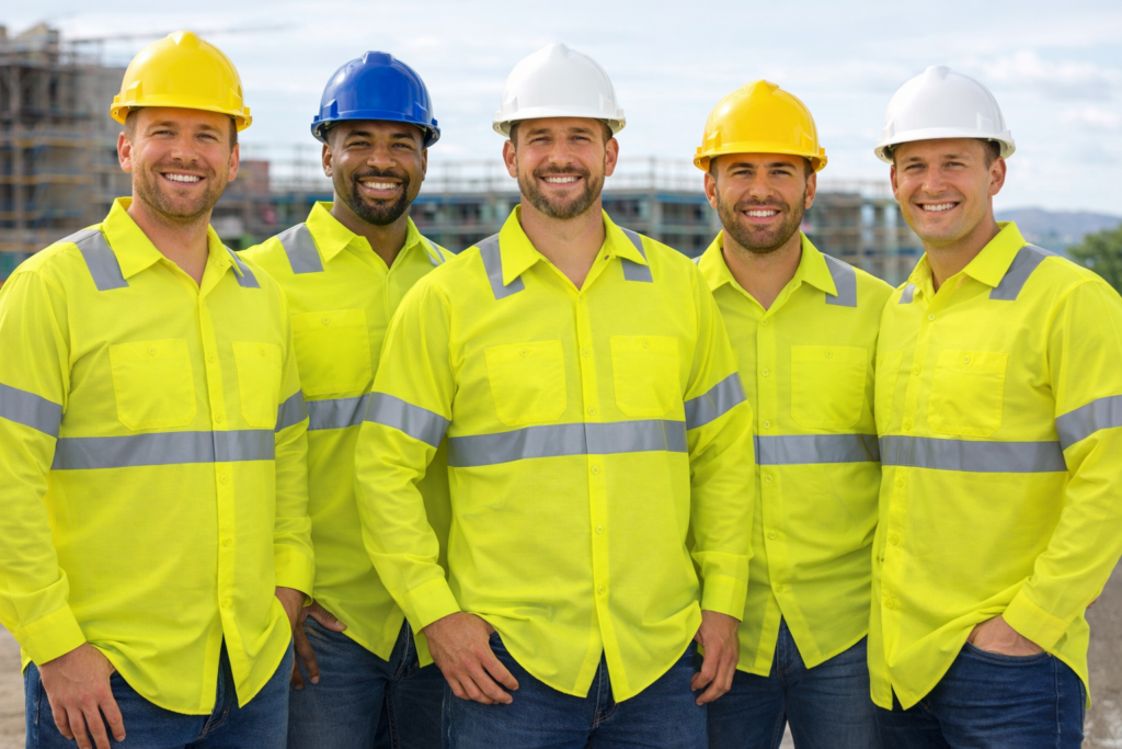 Industrial Construction Workers Wearing High Visibility Jackets on the Job