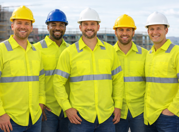 Industrial Construction Workers Wearing High Visibility Jackets on the Job