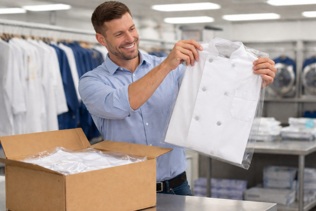 Prudential Overall Supply Team Opening a New White Chef Coat to Send to a Customer