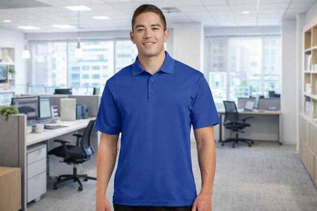 Hombre con camisa Oxford azul en el trabajo