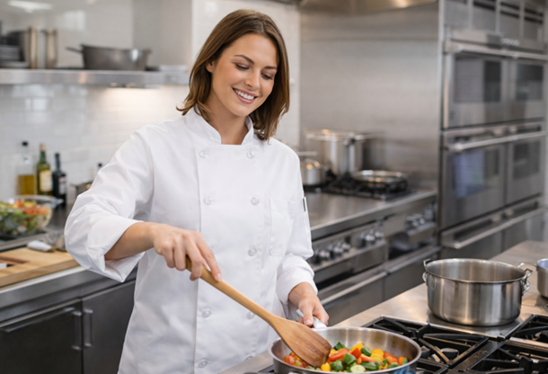 Woman Wearing a White Chef Coat from Prudential Uniforms