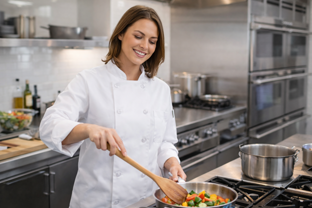 Woman Wearing a White Chef Coat from Prudential Uniforms