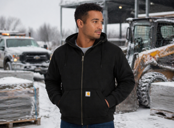 Man in a Carhartt Insulated Jacket in the Middle of Winter Working