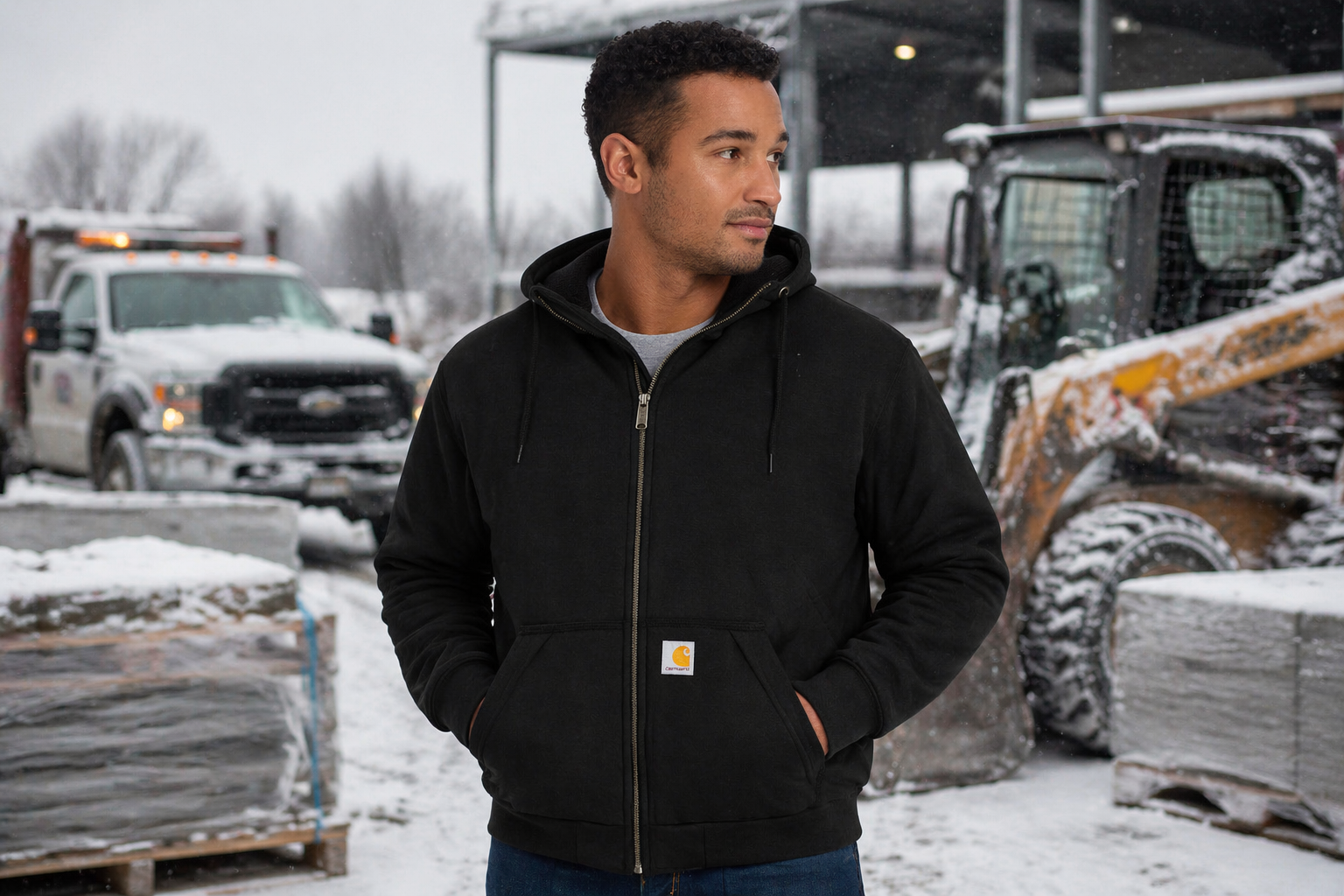 Man in a Carhartt Insulated Jacket in the Middle of Winter Working