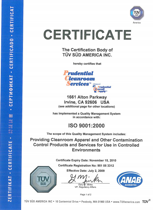 Prudential Cleanroom Services Receives ISO 9001:2000 Re-Certification