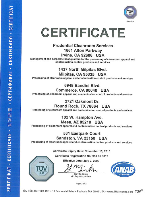 Prudential Cleanroom Services Receives ISO 9001:2000 Re-Certification