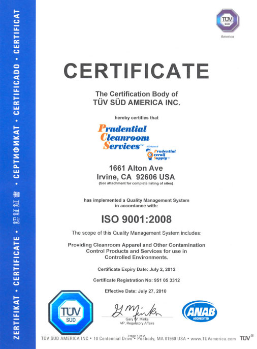 Prudential Cleanroom Services Receives ISO 9001:2008 Certification 2010