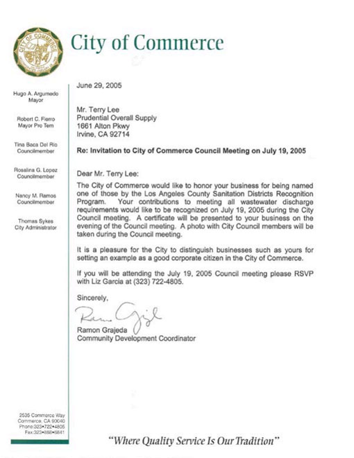 City of Commerce 2005 Letter