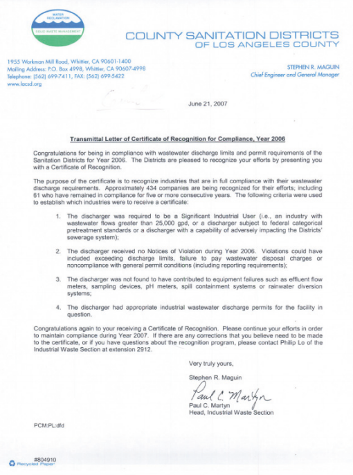 Transmittal Letter of Certificate of Recognition for Compliance