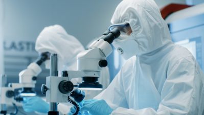 Two Scientists in Sterile Cleanroom Suits Control Manufacturing Machinery Work