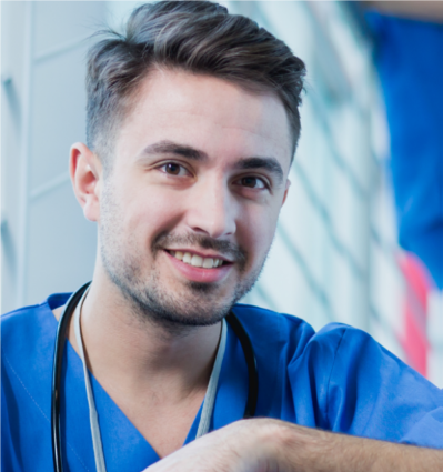 Smiling young doctor wear medical uniform with stethoscope looking at camera