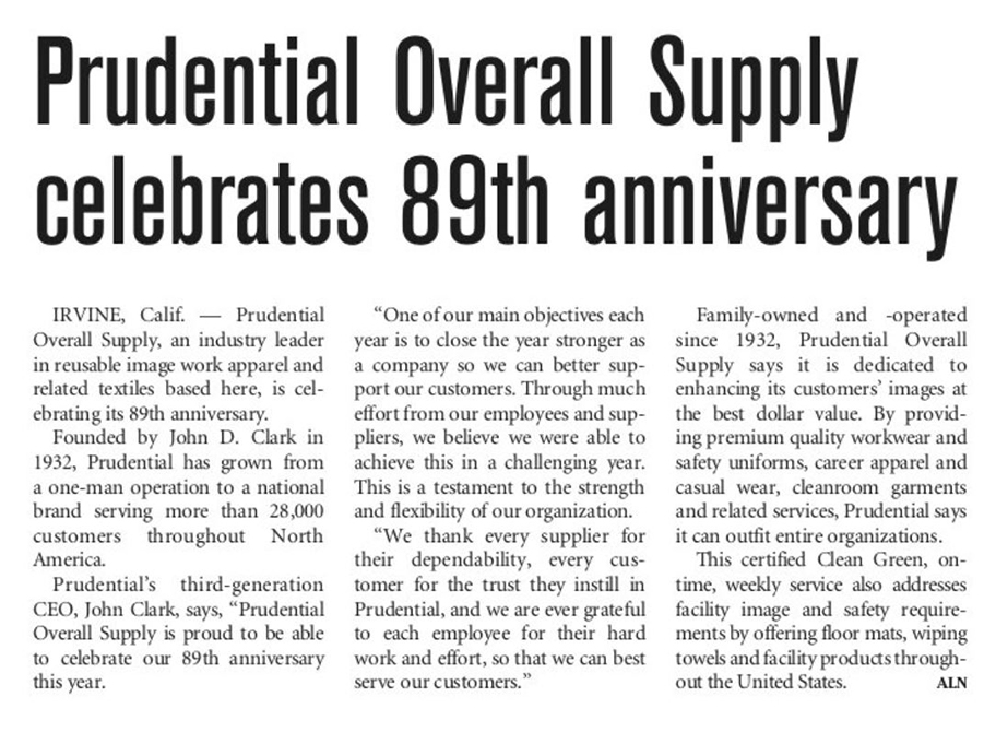 Prudential Overall Supply Celebrates 89th Anniversary Prudential Overall Supply Celebrates 89th Anniversary