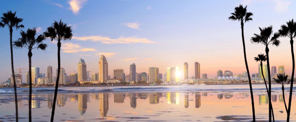 Downtown San Diego skyline in California, USA at sunset