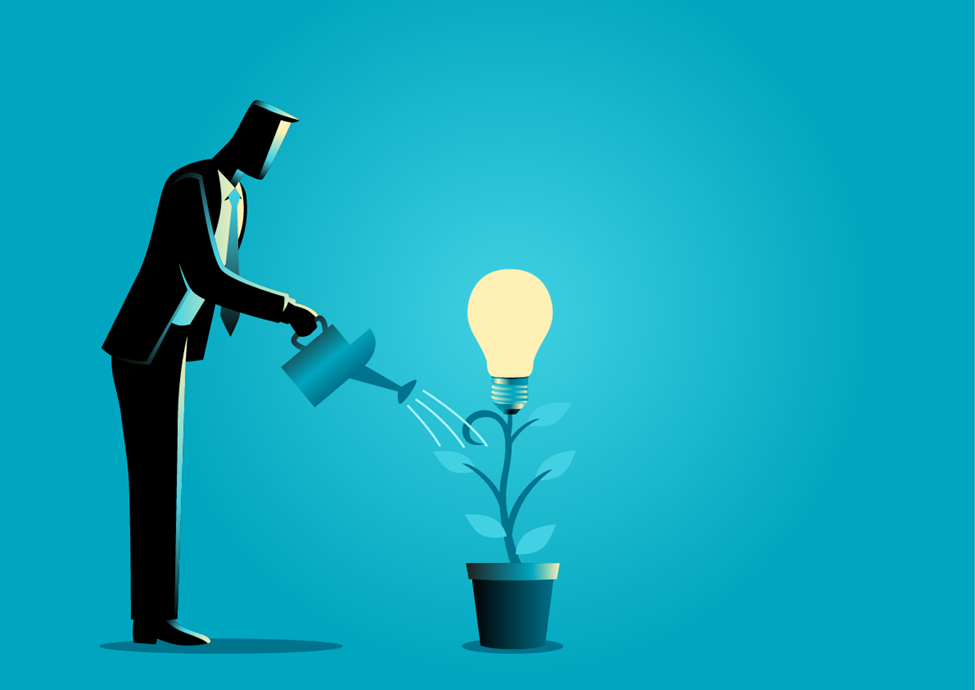 Business concept illustration of a businessman watering young plant with light bulb on it.