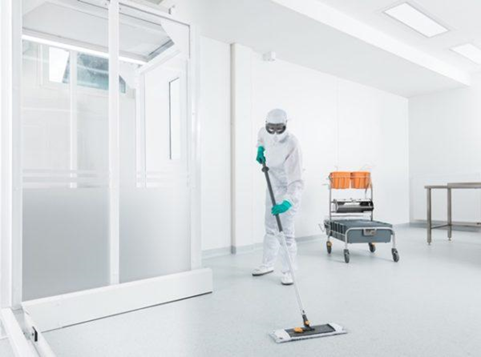 cleaner wearing protection uniform cleaning floor