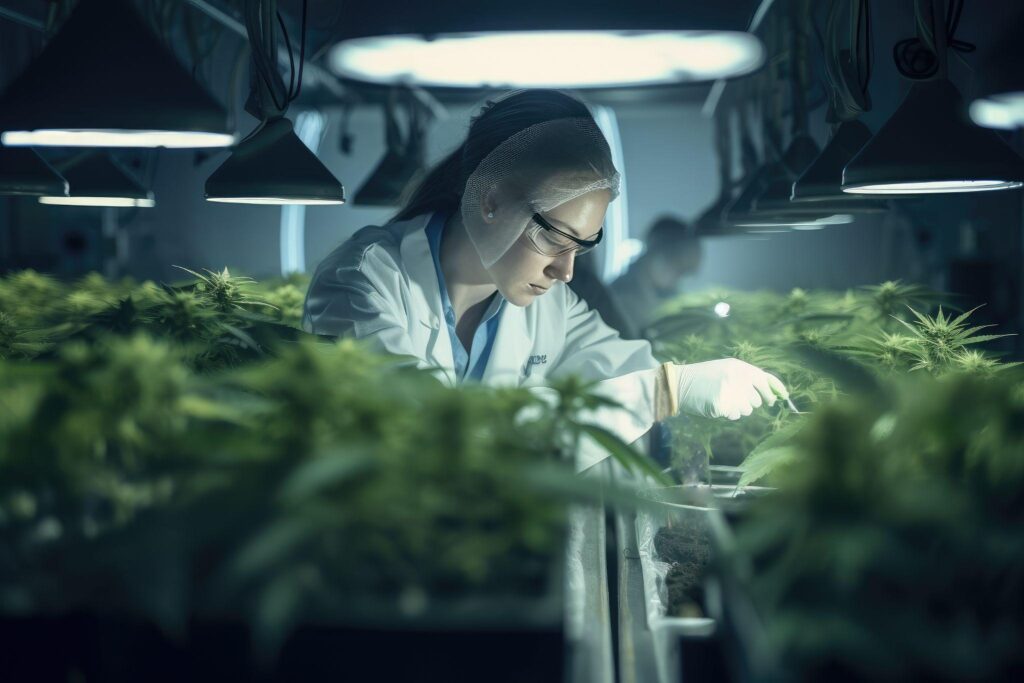 Woman scientist at cannabis farm with a cannabis plant