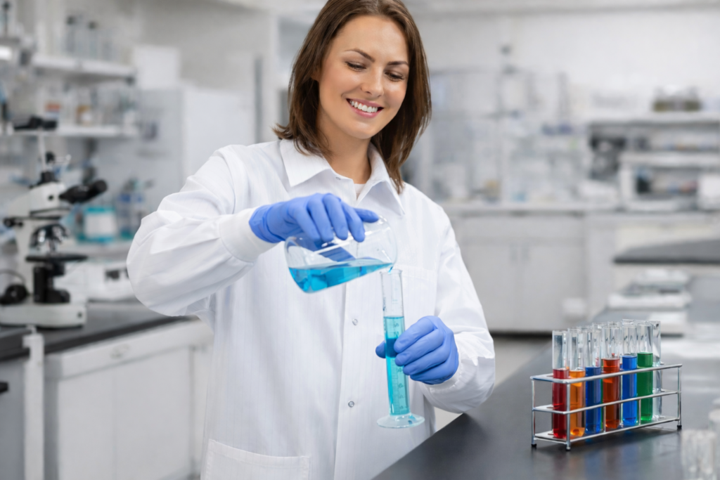 Woman in a White Lab Coat that Is Rented Out from Prudential Overall Supply