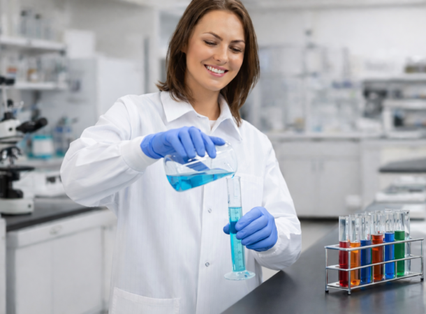 Woman in a White Lab Coat that Is Rented Out from Prudential Overall Supply